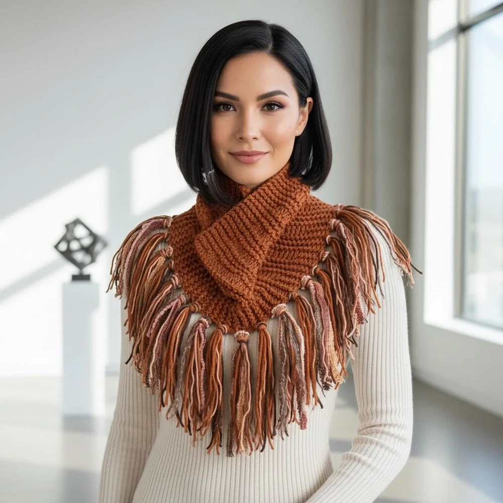 Cowl Scarf Fringe Hand Knitted Orange Rust Womens Boho Hippie Artsy Earthy Glam‎